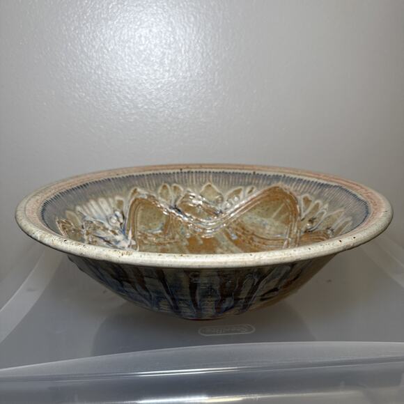 Julie Perry Signed Pottery Large Clay Bowl Tan Blue Glaze Celebrate the Wonder - Picture 12 of 12